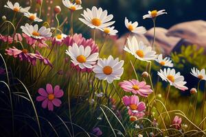 Attractive Meadow with lots of white and pink spring daisy flowers in sunny day. photo