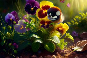 Gardening - Planting A Pansy In Sunny Garden. photo