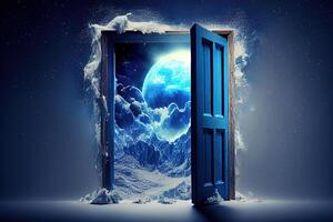 Creative background. Old wooden door, blue color, in the box. photo