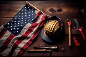 Labor day concept. Different kinds maintenance on tools and wooden cubes on table. photo