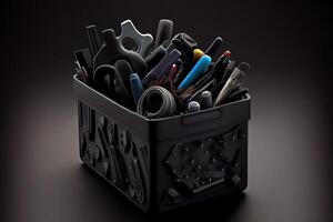 Plastic Black Container With Many Tools. photo