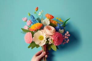 Hand holding beautiful flower bouquet on blue background, closeup view. photo