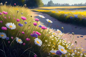 Illustration of a flower meadow in spring. photo