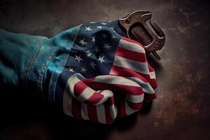 Worn work glove holding old wrench and US American flag. photo