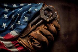 Worn work glove holding old wrench and US American flag. photo