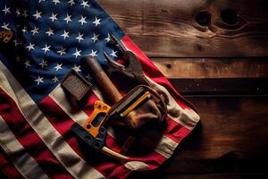 Labor day concept, Top view flat lay of different kinds wrenches with American flag. photo