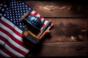 Happy Labor day concept. American flag with different construction tools. photo