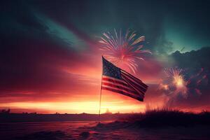 americano celebracion - Estados Unidos bandera y fuegos artificiales a puesta de sol. generativo ai foto