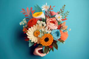 Hand holding beautiful flower bouquet on blue background, closeup view. photo