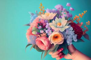 Man holding beautiful flower bouquet on blue background. photo