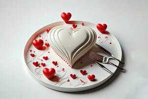 Surprising Heart-shaped plate and Valentines Day decorations on table photo