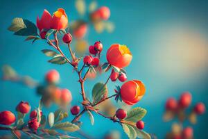 hermosa primavera borde, floreciente Rosa arbusto en un azul antecedentes. generativo ai foto