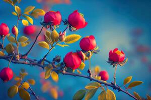 Flowering rose hips against the blue sky. photo