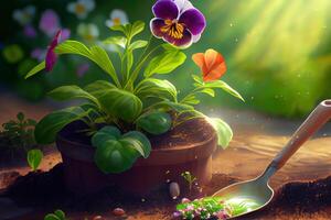 Gardening - Planting A Pansy In Sunny Garden. photo