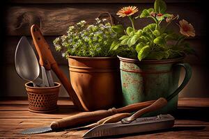 Working space and shelf with garden tools. photo