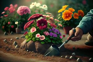 jardinero plantando flores en el jardín, cerca arriba foto. generativo ai foto