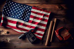 Labor day concept, Top view flat lay of different kinds wrenches with American flag. photo