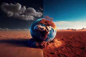 Earth on a background of grass and clouds versus a ruined Earth on a background of a dead desert. photo