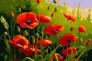 Wonderful poppy flowers in the field in spring. photo