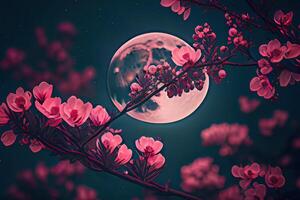 Romantic night scene, beautiful pink flower blossom in night skies with full moon. photo