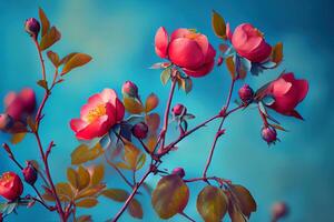 Flowering rose hips against the blue sky. photo