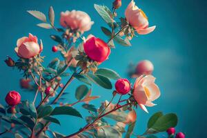 Flowering rose hips against the blue sky. photo