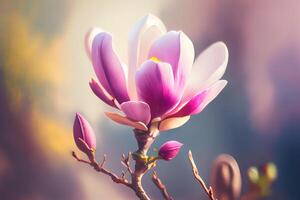 Twig with blooming pink magnolia flower. photo