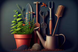 Farmer cultivating land in the garden with hand tools. photo