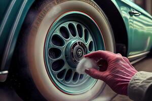 Coated wheels cleaning in hand. photo