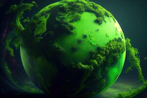 Woman holding a green planet Earth. photo