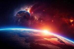 Panoramic view of the Earth, sun, star and galaxy. photo