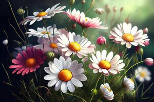 Meadow with lots of white and pink spring daisy flowers in sunny day. photo
