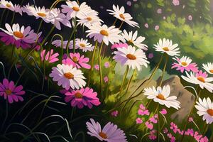 Wild daisy flowers growing on meadow. Meadow with lots of white and pink. photo