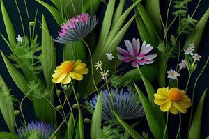 Wild flowers, spring grass seamless pattern 3d realistic. photo