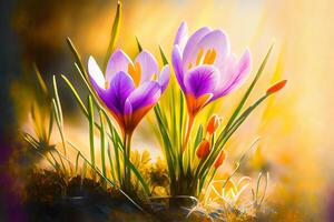 Spring Flowers - Crocus Blossoms On Grass With Sunlight. photo