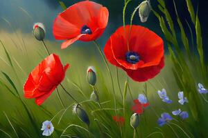 summer meadow with red poppies, nice color. photo