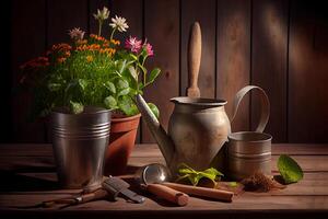 trabajando espacio y estante con jardín herramientas. generativo ai foto