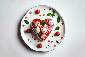 Excellent Heart-shaped plate and Valentines Day decorations on table photo