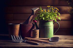 Working space and shelf with garden tools. photo