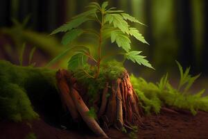 Exceptional Young rowan tree seedling grow from old stump in Poland forest. photo