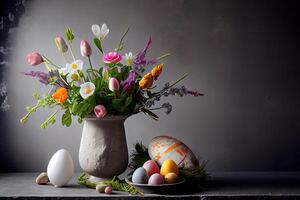 Pascua de Resurrección composición en gris hormigón antecedentes. generativo ai foto