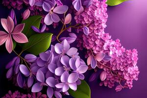 Purple lilac flowers blossom in garden, spring background. photo