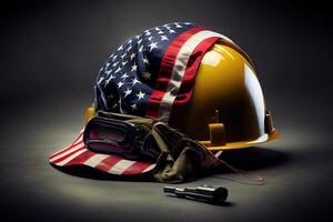 Worker with yellow helmet and USA national flag background. photo