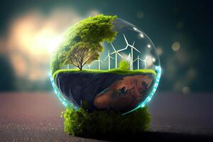Hands protecting globe of green tree on tropical nature summer background. photo