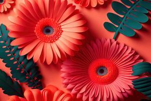 Floral flat lay greeting card template with beautiful gerberas. photo