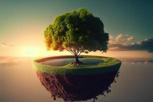 Special Panorama small tree growing with sunrise. green world and earth day concept. photo