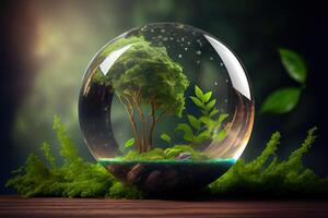 Glass globe resting on green leaf. photo
