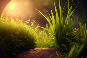 Earth grass at garden in morning, ecology and world sustainable environment concept. photo