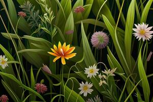 salvaje flores, primavera césped sin costura modelo 3d realista. generativo ai foto