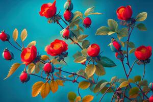 Beautiful spring border, blooming rose bush on a blue background. photo